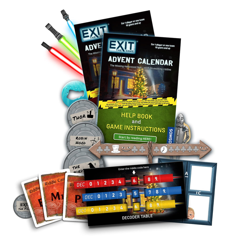 EXIT Advent Calendar puzzle cards spread for day progression.