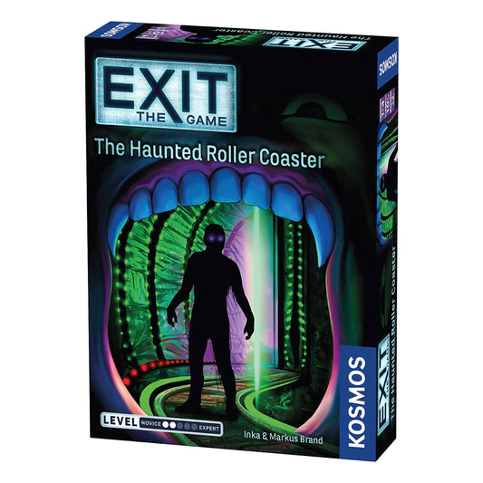 Thames & Kosmos EXIT box cover shows haunted roller coaster for immersive puzzle challenge