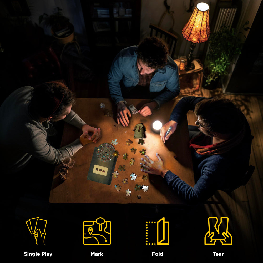 Marked game materials indicate single-use design for Nightfall Manor.