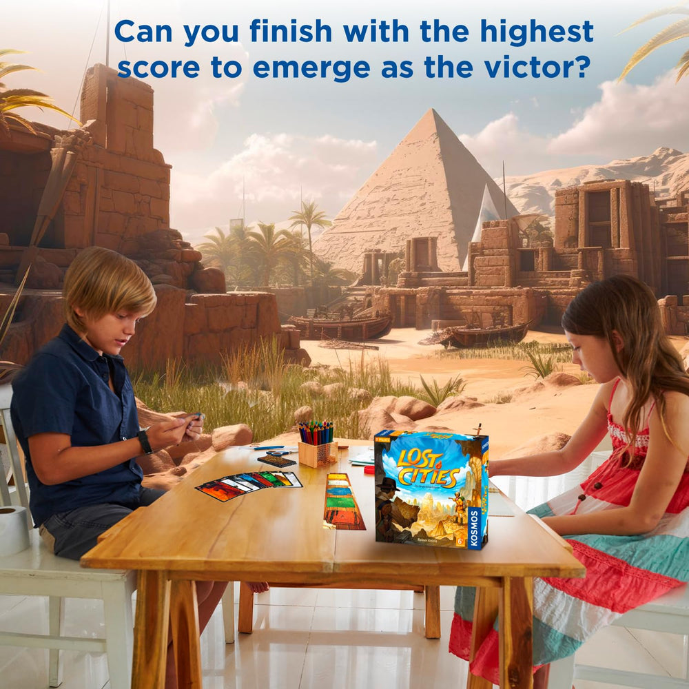 Thames & Kosmos Lost Cities volcano and desert cards evoke adventurous settings.