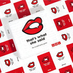 Red setup card visible in That's What She Said game for fast rounds