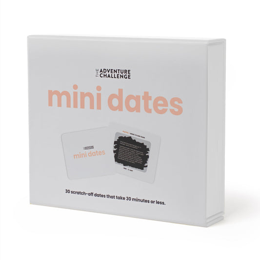 The Adventure Challenge Mini Dates scratch-off card front inviting quick connections for busy couples.