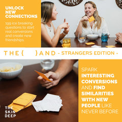 THE AND Strangers Edition card pile closeup showing diverse questions to spark dialogue.