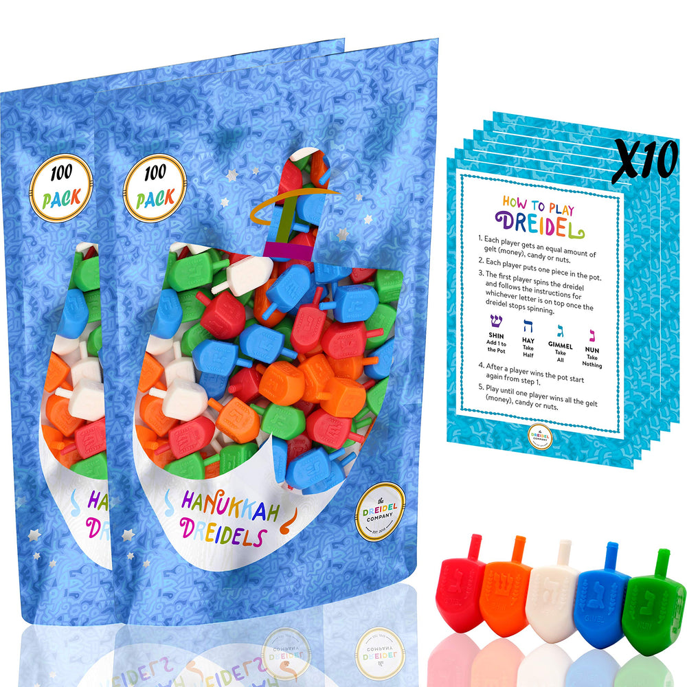The Dreidel Company Hanukkah dreidels 200-pack front view showing vibrant multicolor tops for party play.