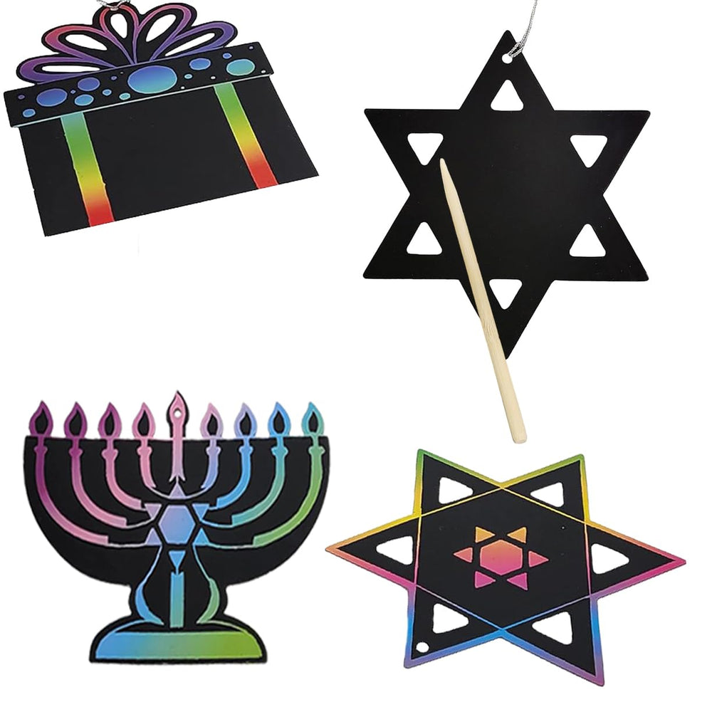 The Dreidel Company scratch cards shown as festive wall decor.