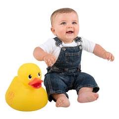 The Dreidel Company jumbo rubber ducky decor display brings whimsy to a room with sunny vibes.