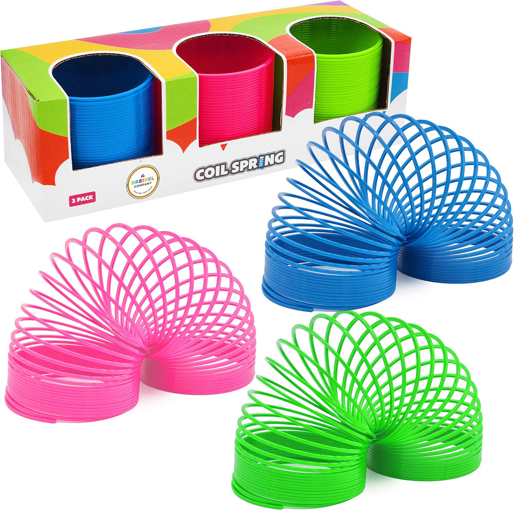 The Dreidel Company neon plastic coil spring toy with vibrant colors for playful action.