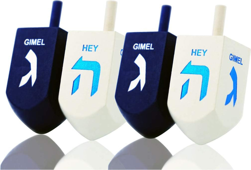 The Dreidel Company XL dreidel blue and white, front view for easy play