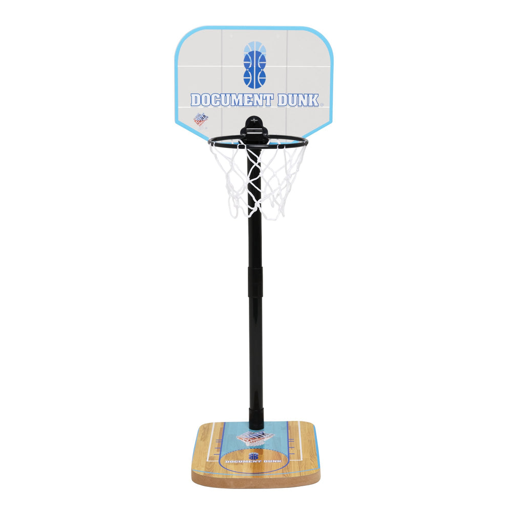 Document Dunk rim attached to a trash can demonstrates sturdy construction for daily use.