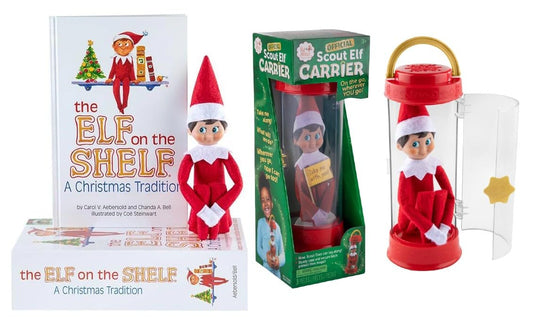 The Elf on the Shelf blue-eyed boy elf with carrier supports travel adventures.