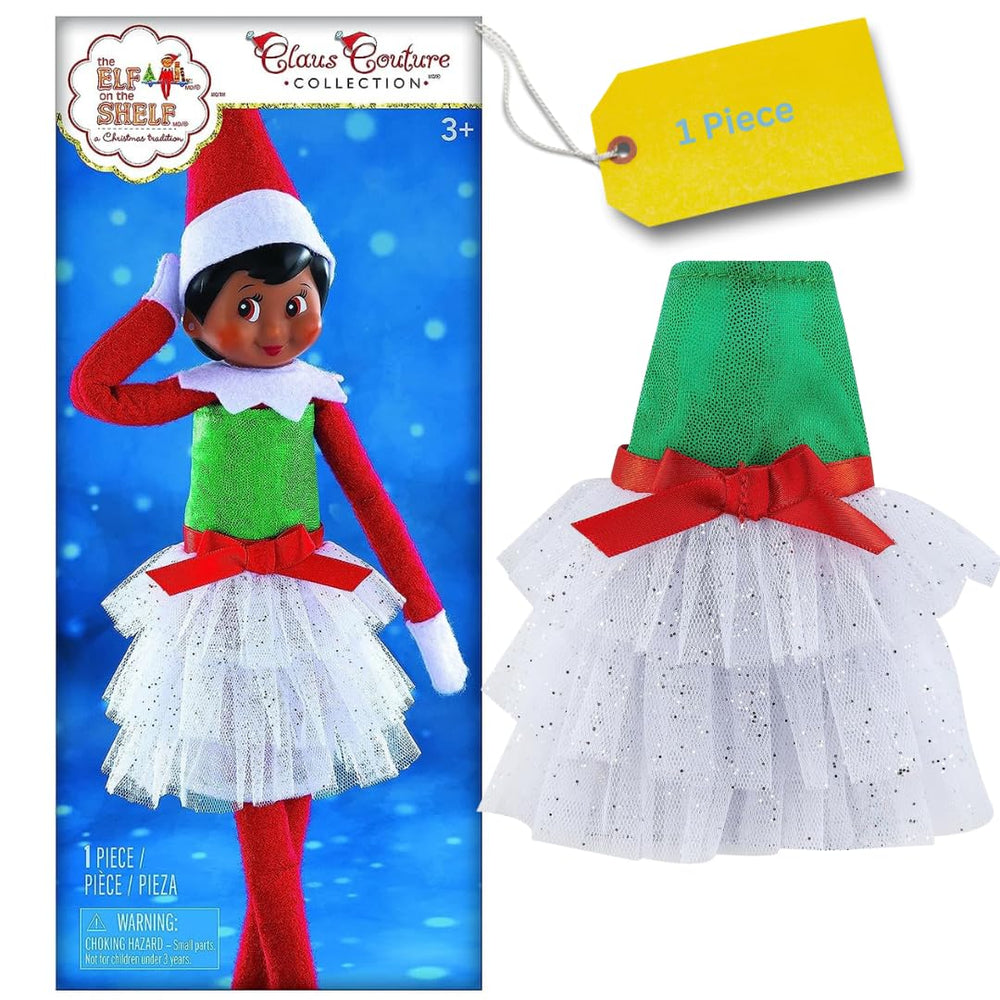 Close-up of glittery green bodice on The Elf on the Shelf dress, dazzling detail.