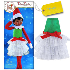 Close-up of glittery green bodice on The Elf on the Shelf dress, dazzling detail.