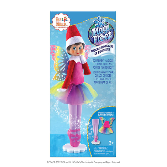 The Elf on the Shelf MagiFreez Rainbow Snow Pixie standing legs for stable seasonal display.
