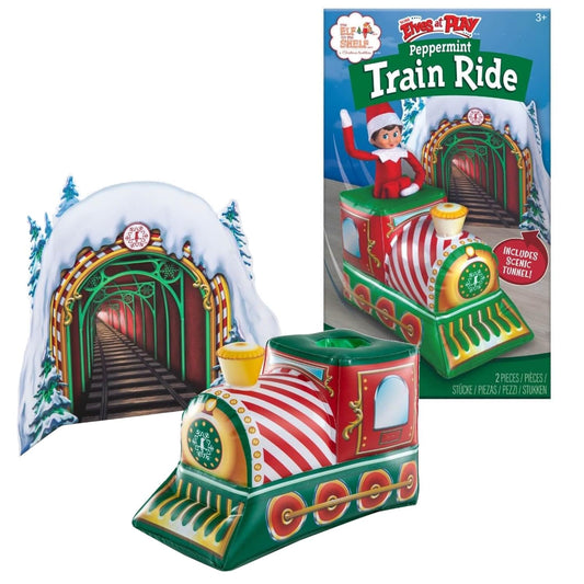 The Elf on the Shelf Peppermint Train Ride inflatable train with candy colors in festive display.