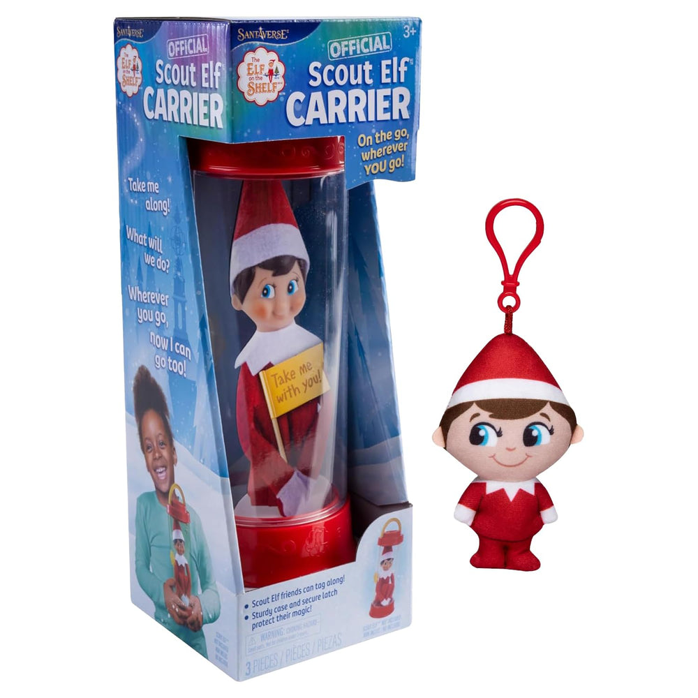 The Elf on the Shelf Travel Set: Scout Elf Carrier in travel use for on-the-go adventures.