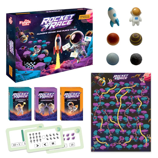 The Fidget Game Rocket Race space cards engage visual learners in early math exploration.