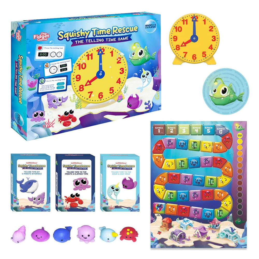 The Fidget Game Squishy Time Rescue time card deck supports time-telling practice through playful learning