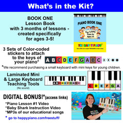 The Happy Piano Kit lesson book signals a structured, kid-friendly piano journey for ages 3-5.