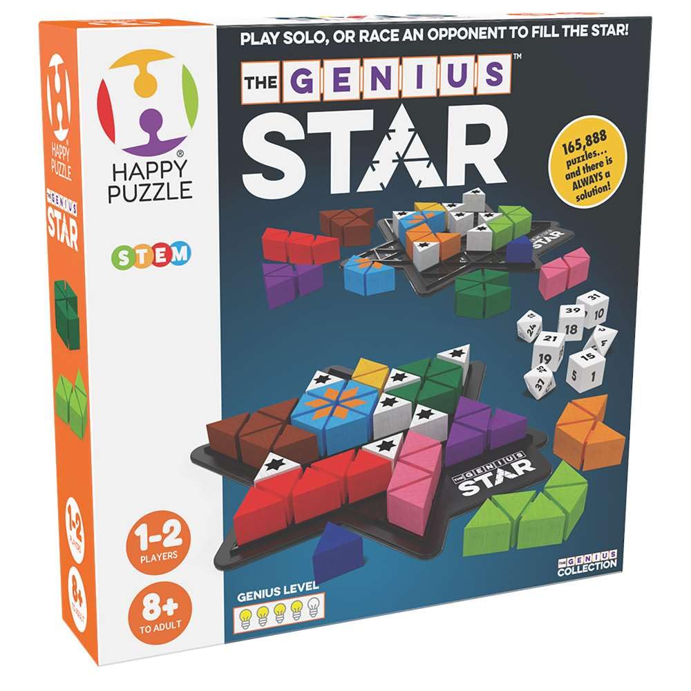 Genius Star puzzle pieces enabling solo challenges and quick brain workouts.