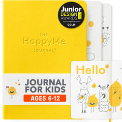 The HappyMe Journal cover in yellow inviting daily reflection and gratitude.