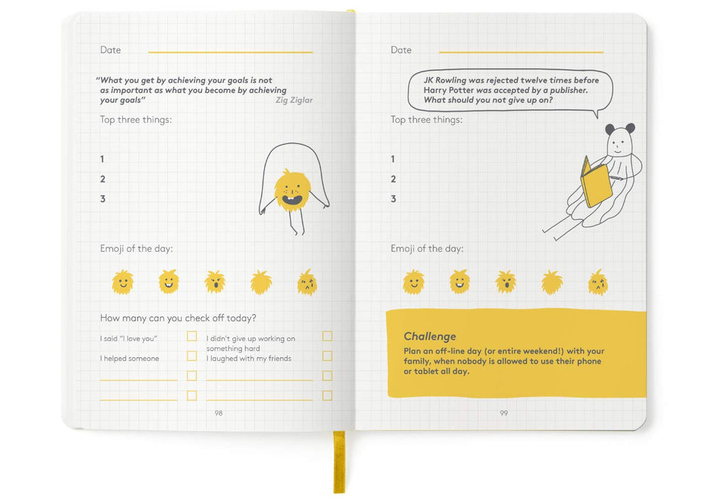 The HappyMe Journal kid-friendly layout makes prompts approachable and engaging.