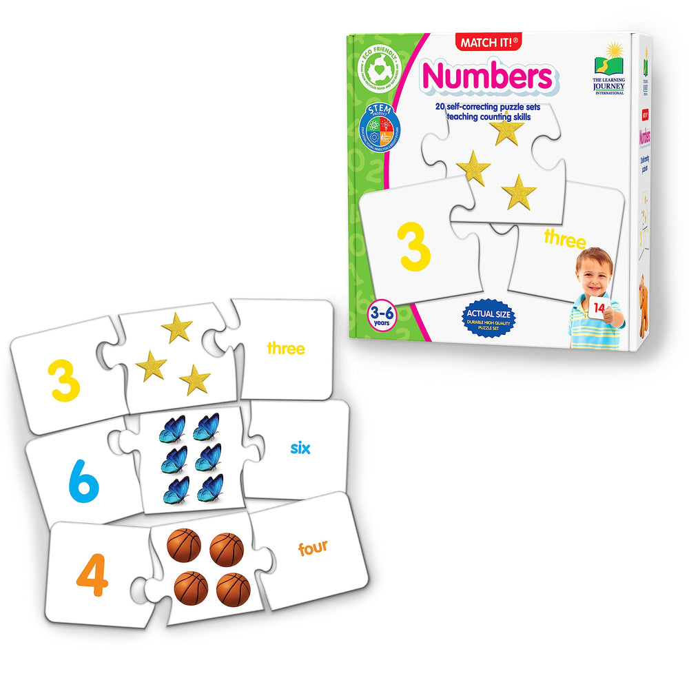 The Learning Journey Match It! Numbers three-piece puzzle supports early numeracy.