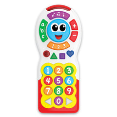 The Learning Journey on the go remote held in a toddler hand, demonstrating size and easy-grip for motor skill practice