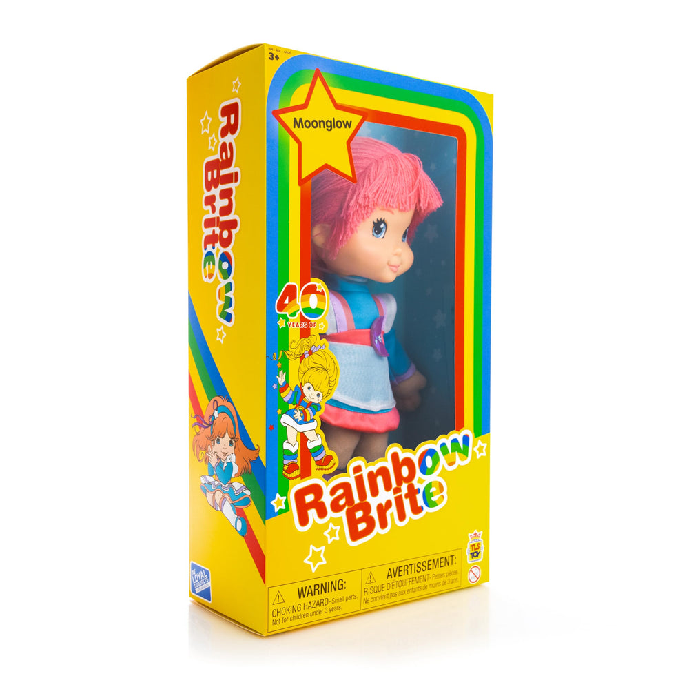 Vibrant yellow window box packaging for the Moonglow doll.