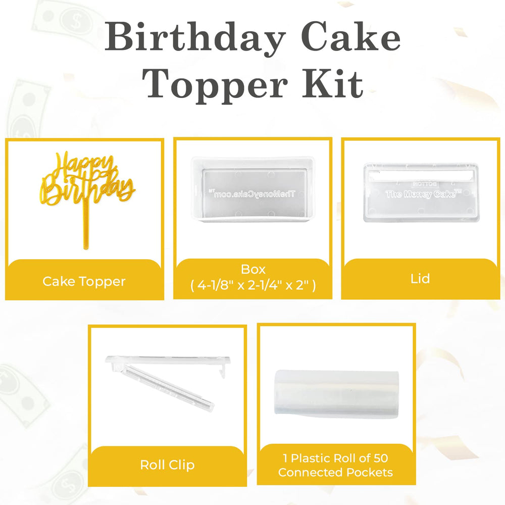 The Money Cake pull-box kit inside packaging, complete with instructions.