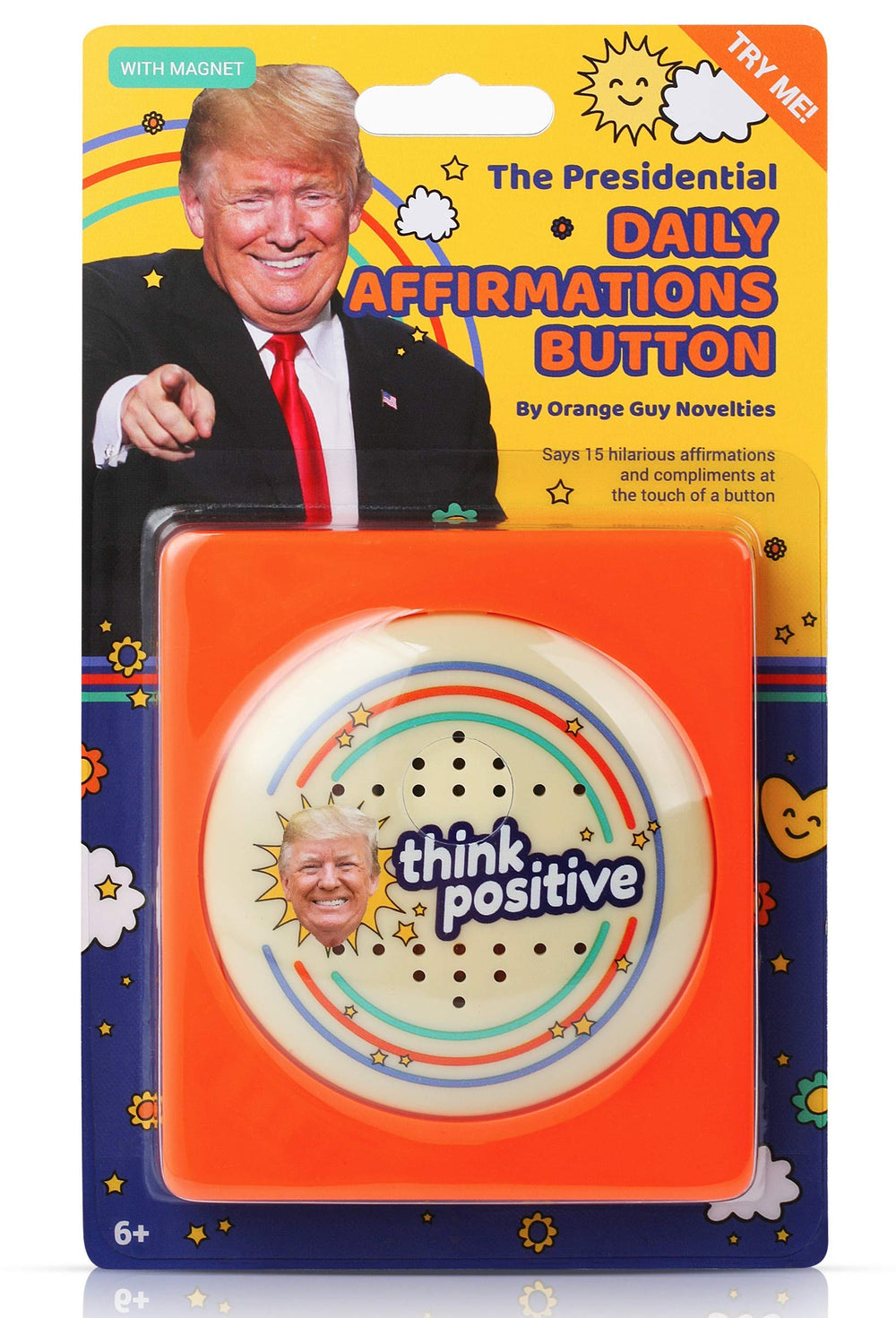 The Monocle Breakers Trump button on desk delivering 15 compliments to boost mood.