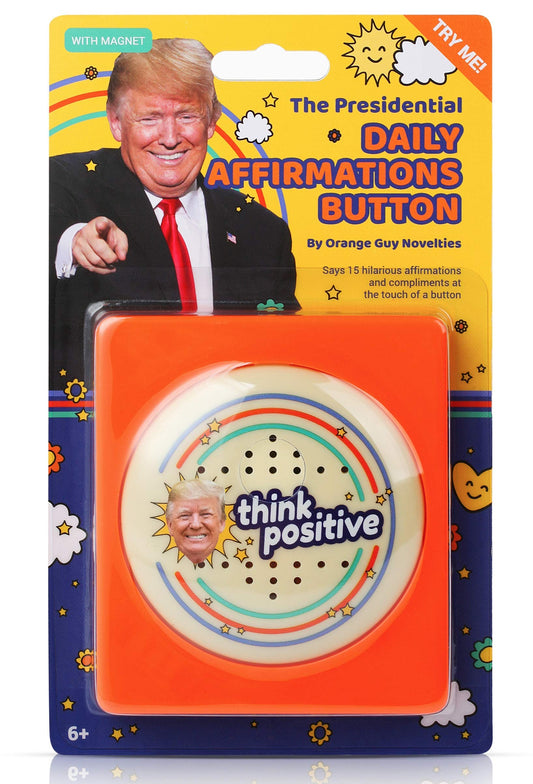 The Monocle Breakers Trump button on desk delivering 15 compliments to boost mood.