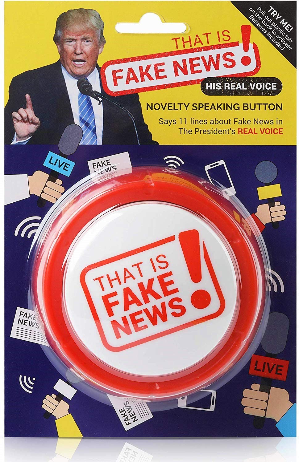 The Monocle Breakers Donald Trump Fake News Button front view with real voice quotes for office humor.