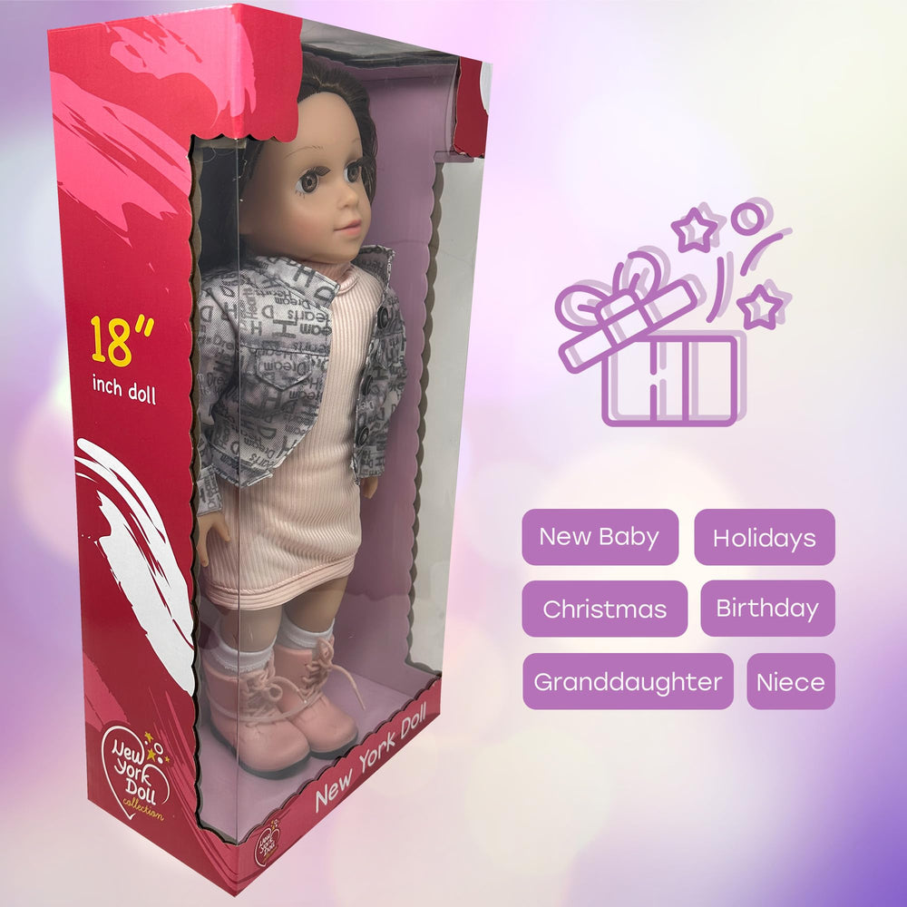 The New York Doll Collection 18in doll features jackets and tutu skirts for fashion moments.
