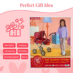 Three-in-one design to adapt as pram, bassinet, or carrier for dolls.