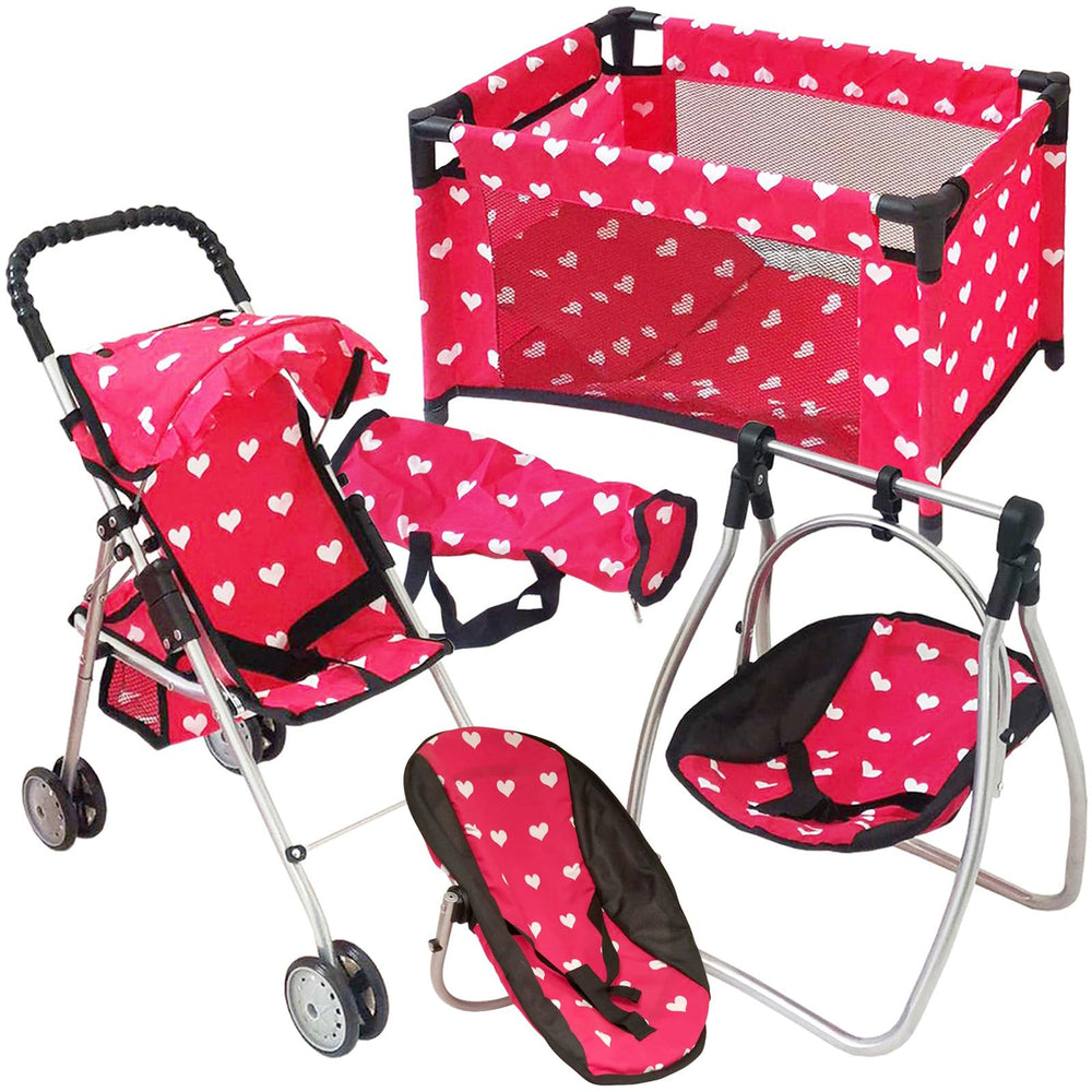 The New York Doll Collection deluxe 3-in-1 stroller pink, portable for playdates with 18-inch dolls.