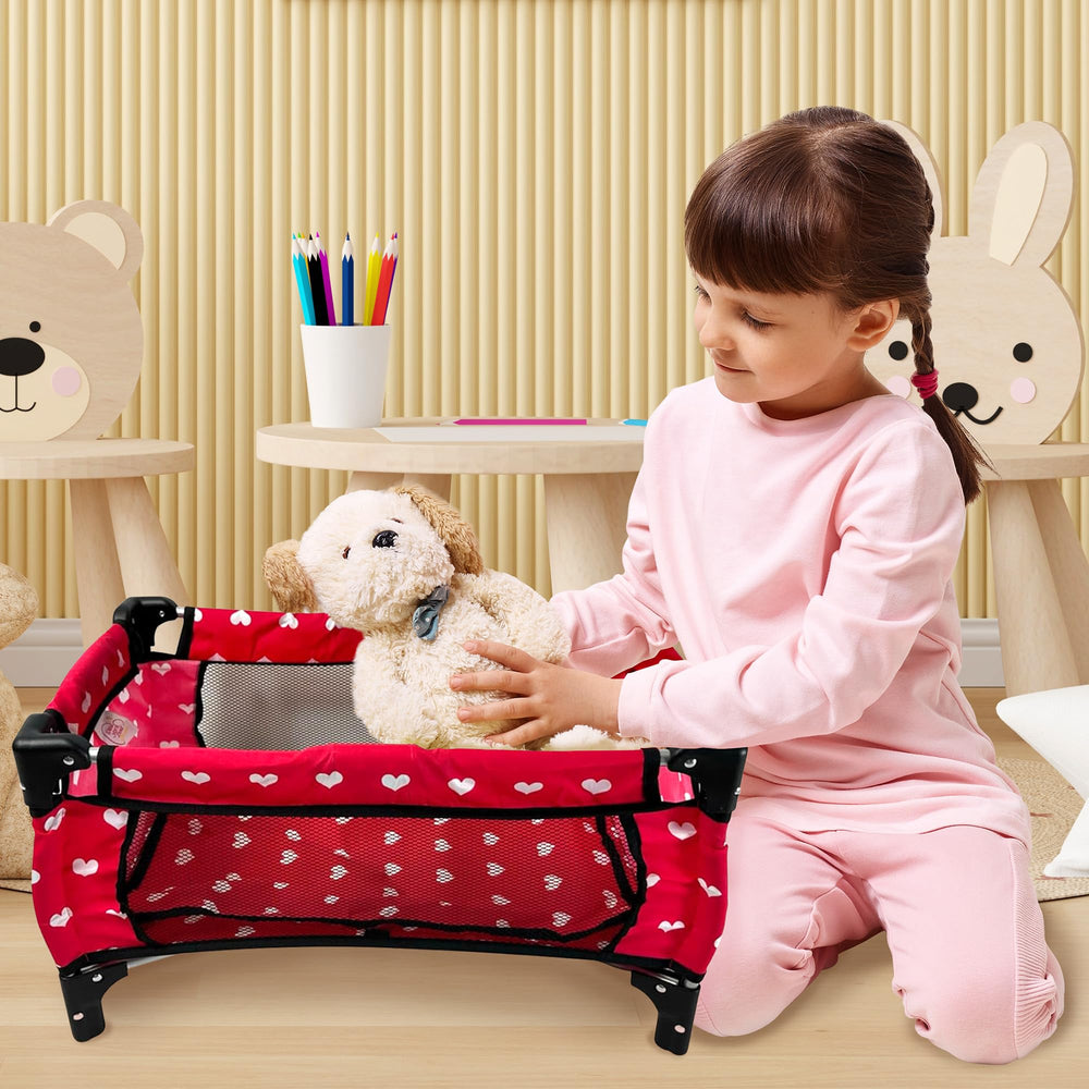 The New York Doll Collection portable play yard opens to a larger bed for 18-inch dolls.