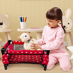 The New York Doll Collection portable play yard opens to a larger bed for 18-inch dolls.