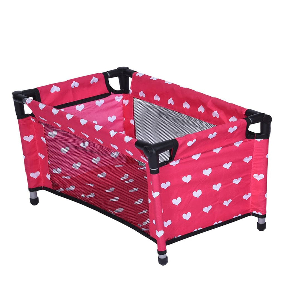 The New York Doll Collection doll Fold n' Store Pack n' Play with hearts for pretend bedtime.