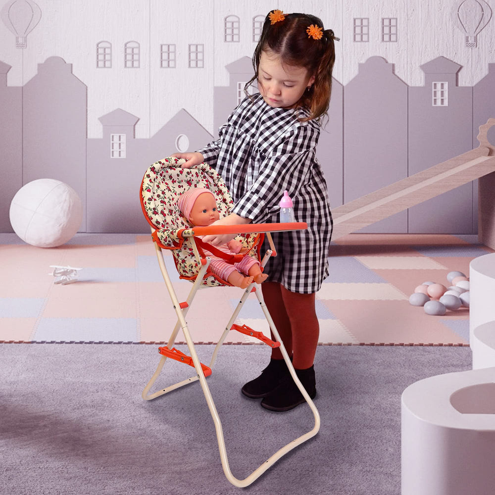The New York Doll Collection doll high chair tray supports pretend meals for 18-inch dolls.