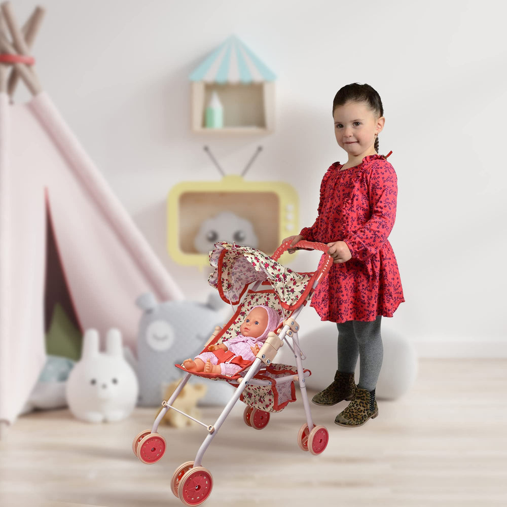 The New York Doll Collection Doll Stroller with Canopy provides shade during outdoor pretend play
