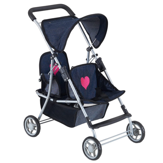 The New York Doll Collection twin stroller in navy denim with two seats for dolls