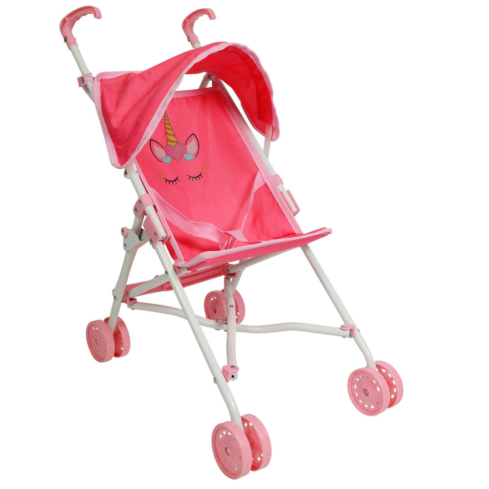 The New York Doll Collection unicorn stroller in pink with canopy for outdoor shade