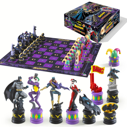 The Noble Collection Batman chess set board top view for dramatic display and gameplay.