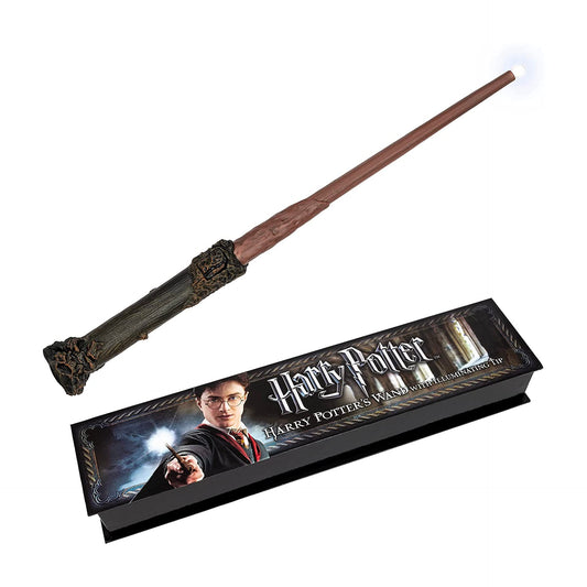 The Noble Collection Harry Potter Illuminating Wand glowing on for display.