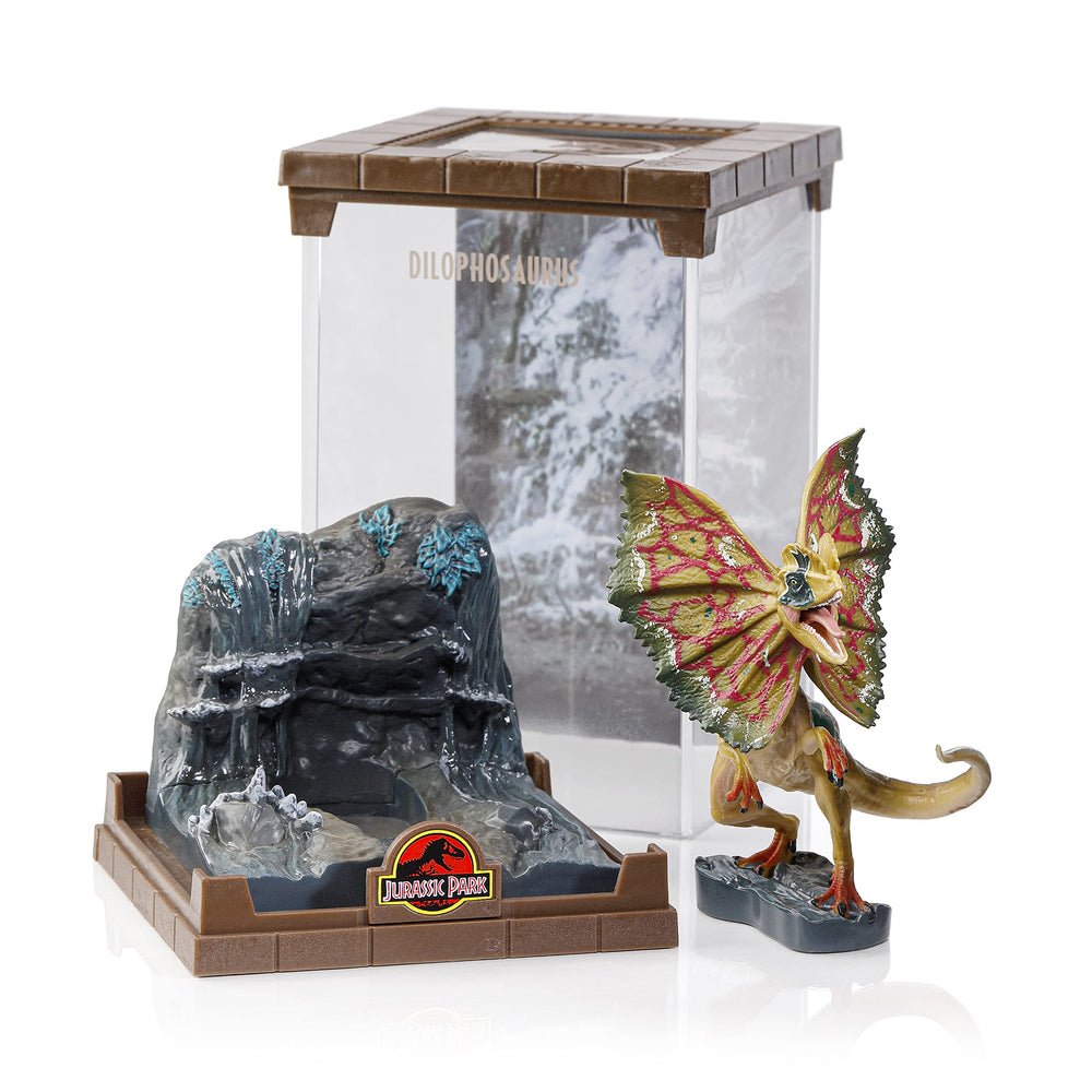 The Noble Collection 7-inch Dilophosaurus figure showcases intricate painting for impressive display.