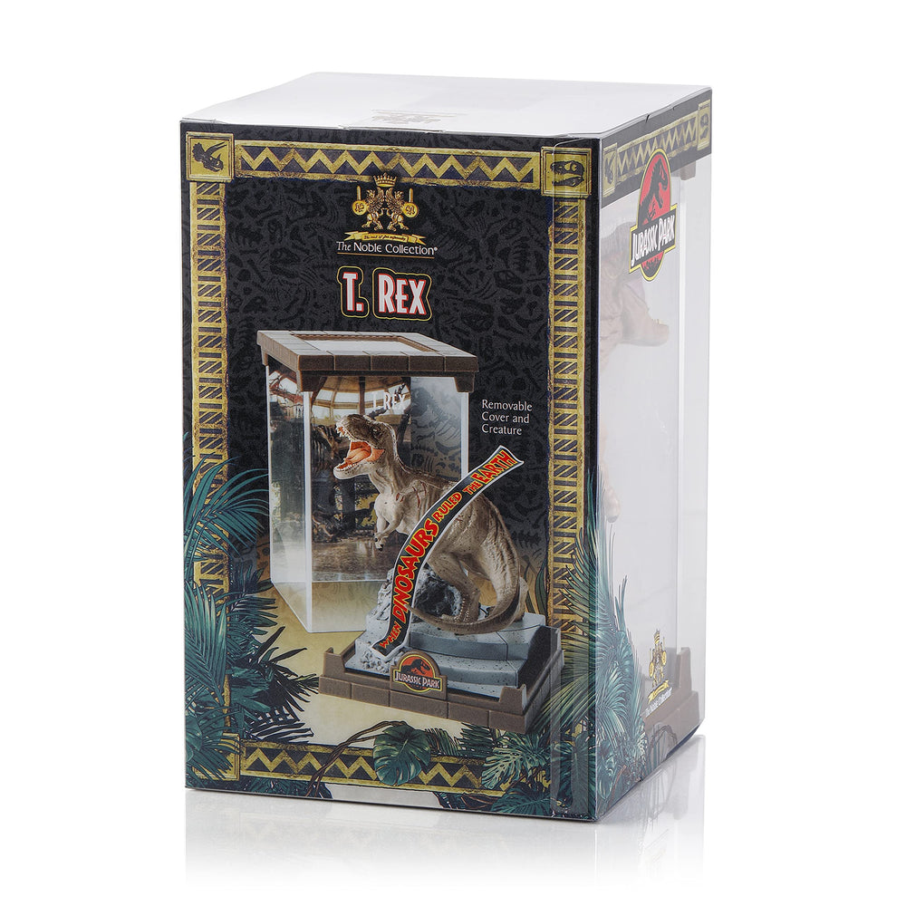 The Noble Collection T-Rex display-ready stand enhances shelf setup.