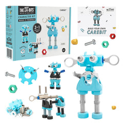 The OFFBITS CareBit robot front view showing modular parts for creative STEM building