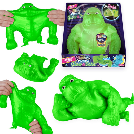 The Orb Factory Jumbo Funkee Monkee glows green, great for display and tactile play.