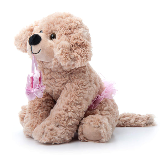 The Petting Zoo ballerina Scruffy dog plush in ballet pose, ideal bedtime companion.