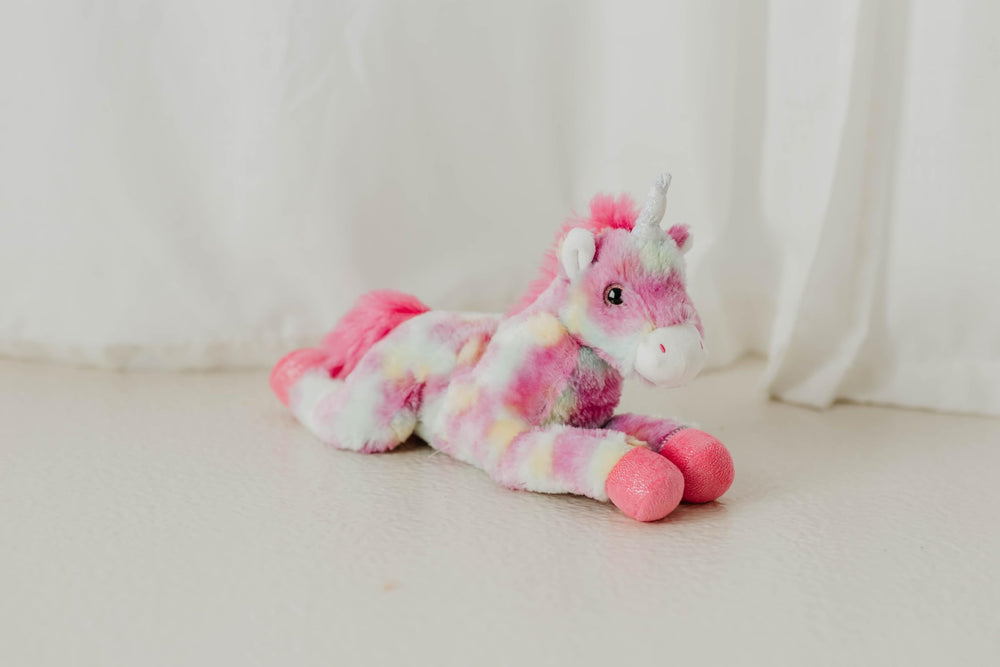 The Petting Zoo pastel tie-dye unicorn 13-inch sitting position for easy display.